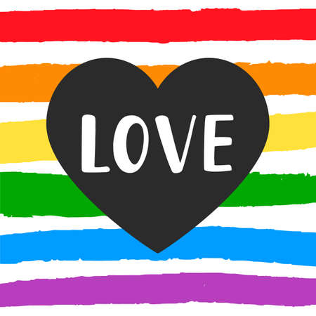 Love Gay pride emblem with hand written lettering on a rainbow spectrum flag and heart shape. Poster, placard, t shirt print vector designのイラスト素材