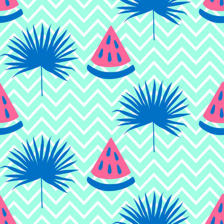 Beautiful seamless pattern with watermelon and bright blue tropical leafのイラスト素材