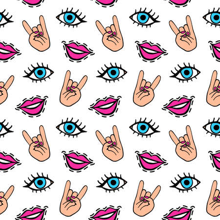 Lips eyes and hands cool patches seamless patternのイラスト素材