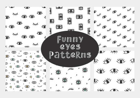 Vector hand drawn seamless patterns collection with funny open and winking eyes, isolated on white.のイラスト素材