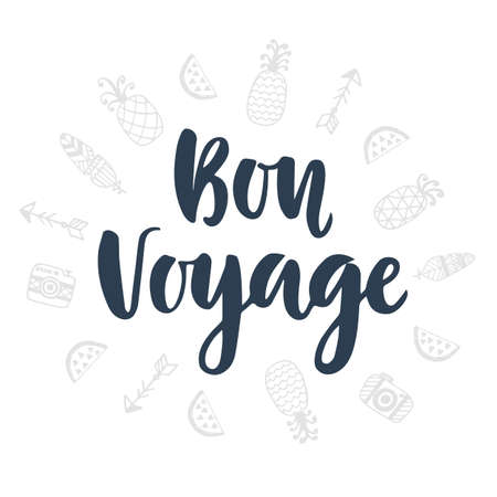 Bon Voyage. Hand written lettering and cute doodles iconsのイラスト素材
