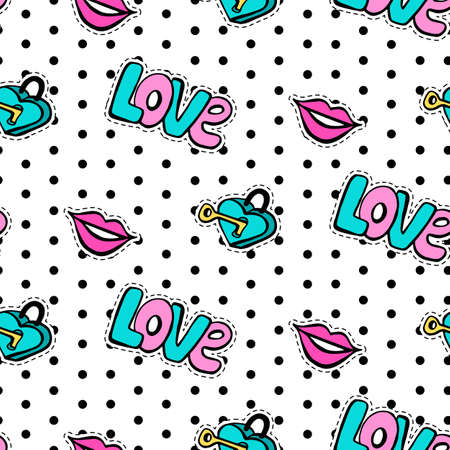 Seamless pattern with fashionable patch set. Hand drawn lips, love backgroundのイラスト素材