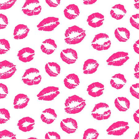 Pink lips kiss prints seamless pattern, isolated on white backgroundのイラスト素材