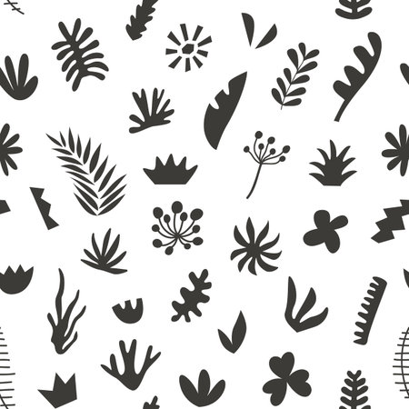 Hand drawn botanical doodles seamless pattern. Tropical summer plants. Abstract vector illustration. Trendy textile design print with geometric floral shapesのイラスト素材