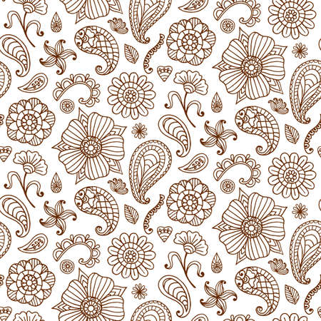 Seamless pattern with vector henna tattoo doodles set. Indian paisley, floral asian ethnic design elements, isolated on white background. Indian, oriental style. Boho textile printのイラスト素材