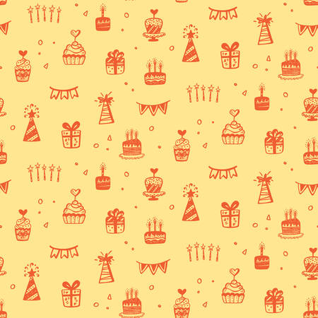 Birthday party seamless patterns with hand drawn doodles of gift box, balloons, cakes on yellow background. Good for greeting card, invitation, wrapping paper. Vector illustrationのイラスト素材