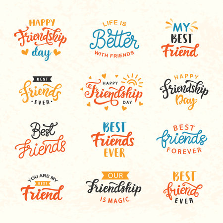 Happy Friendship Day hand lettering big set. Greeting card typography template. Modern calligraphy design elements for cute poster, banner, tee shirt print. Vector illustration.のイラスト素材