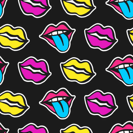 Fashionable colorful mouth lips seamless pattern on black backgroundのイラスト素材