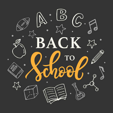 Back to school banner template with hand drawn school supplies icons on blackboardのイラスト素材