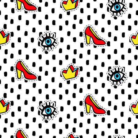 Seamless pattern, patch badges set with fashion shoes, eye, crown. Comic stickers, pins, patches doodle in cartoon pop art 80s-90s style. Vector illustrationのイラスト素材