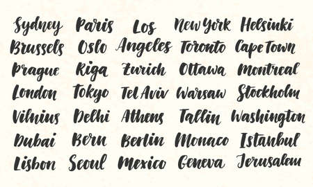 City Names Hand Written Brush Calligraphy Big Setのイラスト素材
