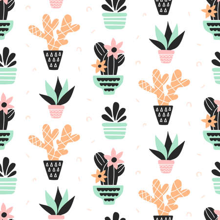 Succulents plants seamless pattern, mint and quartz colors, isolated on whiteのイラスト素材