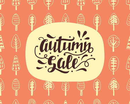 Autumn Sale banner with hand lettering and hand-drawn trees pattern backgroundのイラスト素材