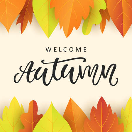Welcome autumn banner template with bright colorful fall leavesのイラスト素材