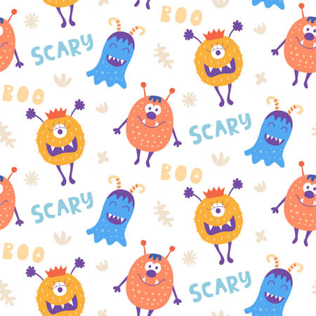 Pattern with cute scary Halloween monsters.のイラスト素材