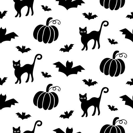 Halloween seamless pattern with cats, pumpkins and batsのイラスト素材