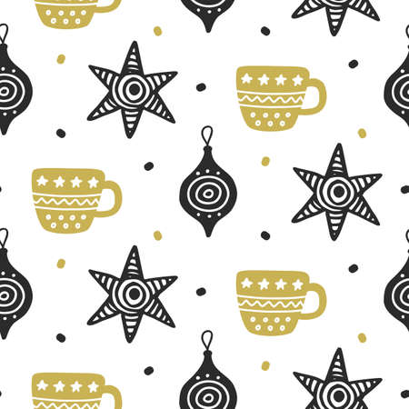 Scandinavian Christmas nordic seamless pattern with decorative doodle elementsのイラスト素材
