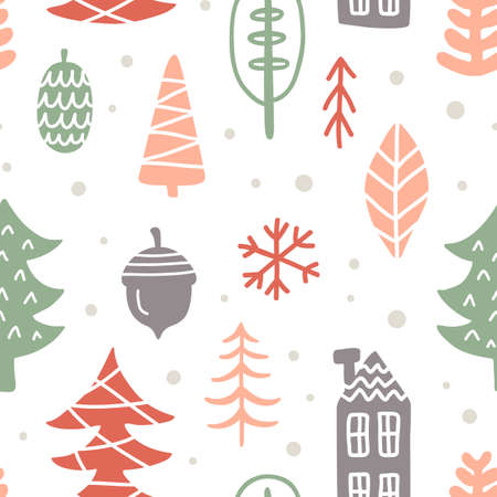 Scandinavian Winter. Christmas doodles seamless patternのイラスト素材