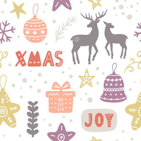 Scandinavian Christmas hand drawn doodles seamless pattern can be used as wrapper or card backgroundのイラスト素材