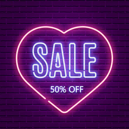 Valentines Day Sale. Neon glow. Retro banner templateのイラスト素材