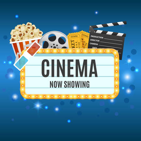 Cinema Banner. Movie watching with popcorn and 3D glassesのイラスト素材