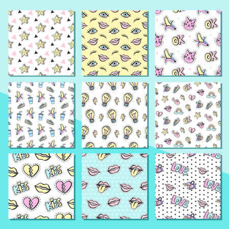 Fashionable vector patches seamless patterns backgrounds set.
