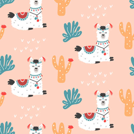 Cartoon Llama Alpaca seamless repeat pattern Vector illustration.のイラスト素材