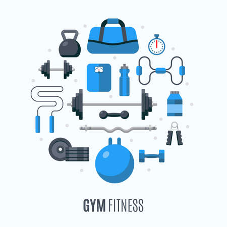 Flat design icons on fitness gym exercise equipment and healthy lifestyle exercise supplements. Gym sport icon setのイラスト素材