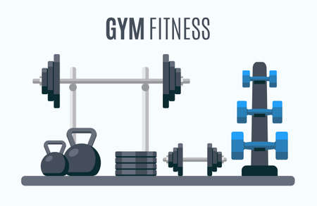 Bodybuilding equipment. Flat design icons on fitness gym exercise equipment and healthy lifestyle exercise supplements. Vector Illustrationのイラスト素材