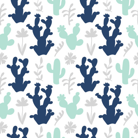 Hand drawn floral mexican cacti seamless repeat pattern
