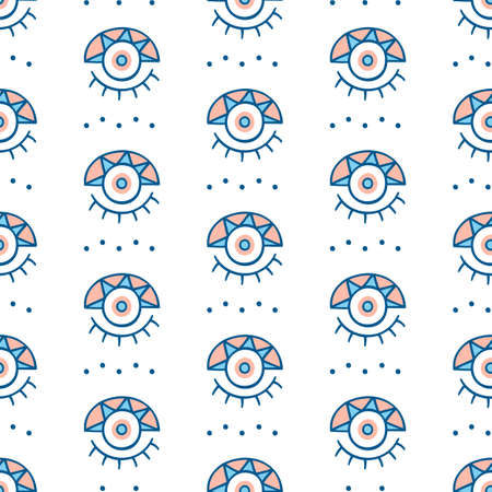 Vector hand drawn greek evil eyes signs seamless repeat pattern. Ethnic fabric background, modern textile print, clothes, wallpaper, wrapping paper. Bohemian fashion. Trendy surface design.のイラスト素材