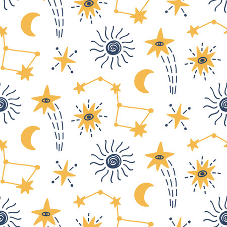 Outer Space childish seamless pattern with stars, comets, cosmic elements. Creative scandinavian...