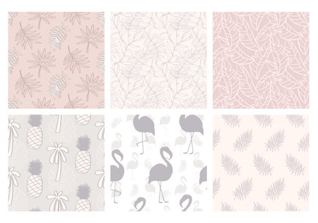 Tropical seamless patterns collection. Set of hawaiian plants, palm leaves, flamingo, pineapples...