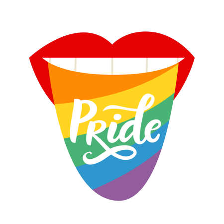 LGBT pride, Gay rights hand written lettering and smile with rainbow tongueのイラスト素材