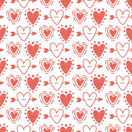 Vector hand drawn hearts seamless pattern. Abstract repeated doodle sketch background. Valentines day, wedding design. Girlish romantic textile, clothes, wrapping paper. Red on whiteのイラスト素材