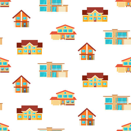 Houses seamless repeat pattern. Modern cottages, front view, isolated on white. Real Estate. Flat Style American or Sweden Townhouse.のイラスト素材