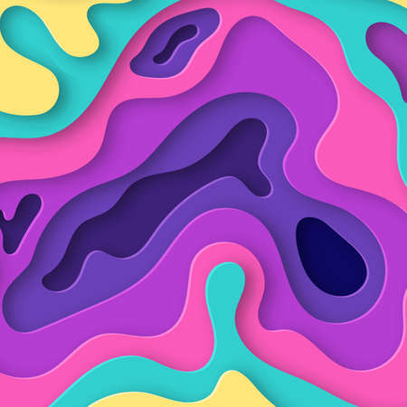 Modern paper cut cover template with cartoon colorful abstract waves splash. Trendy background for flyers, banners, presentations and posters. Bright gradient colors. Vector illustrationのイラスト素材