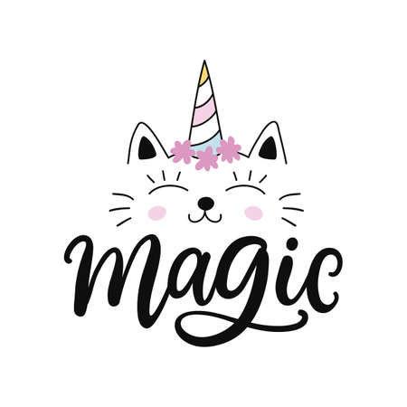 Caticorn. Vector cute cat unicorn cartoon character. Magic hand drawn kitty for t shirt print, kids birthday party, sticker, baby shower, nursery poster, greeting card illustration.のイラスト素材