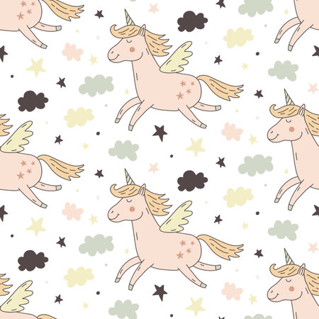 Hand drawn unicorn seamless repeating pattern. Endless textile background, fashion fabric graphic design, apparel, wallpaper, wrapping paper prints.のイラスト素材