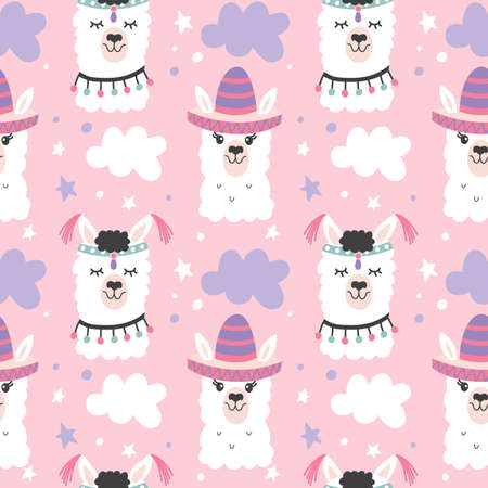 Cartoon Llama Alpaca Seamless Pattern. Hand Drawn Elements. Nursery Childish Textile, Wallpaper. Vector illustrationのイラスト素材