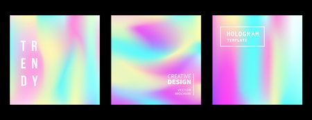 Holographic retro 80s, 90s vector futuristic covers set. Abstract poster, flyer templates. Mesh gradient shapes. Trendy minimal colorful branding design background.のイラスト素材