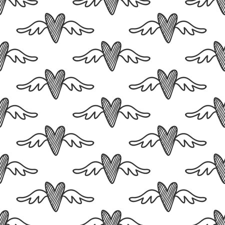 Vector hand drawn hearts seamless pattern. Abstract repeated doodle sketch background. Valentines day, wedding design. Girlish romantic textile, clothes, wrapping paper. Black on whiteのイラスト素材