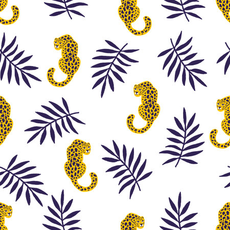 leopard and tropical leaves jungle animal seamless pattern