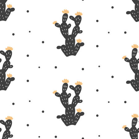 Hand drawn cacti seamless repeat pattern. Bold fabric design, textile print, gift wrapping paper, wall art, home decor. Vector illustration. Modern decoration elements, scandinavian styleのイラスト素材