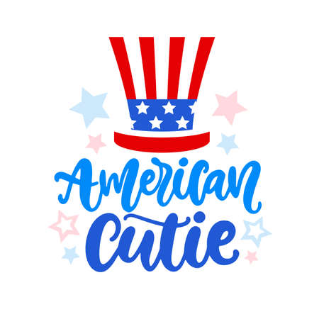 American Cutie hand written ink lettering. 4th of July, United States of America Independence day modern calligraphy typographic design for t shirt emblem, kids apparel print. Vector illustrationのイラスト素材