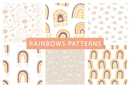 Cute rainbows seamless patterns set with hand drawn doodles. Decorative nursery background, kids apparel print, wrapping paper, wallpaper design. Vector illustrationのイラスト素材