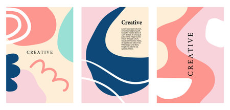 Vector minimal posters set, cover background with abstract geometric contemporary collage. Trendy colorful template design. Business identity flyers, stories, banners, branding, invitations cards.のイラスト素材