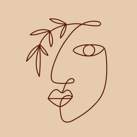 Fashion One line drawing logo, women face with plantのイラスト素材