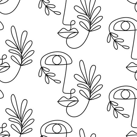 Glamour one line drawing of women faces, seamless patternのイラスト素材