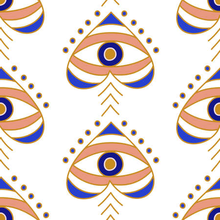 Evil eyes seamless pattern in blue, white, golden colorsのイラスト素材